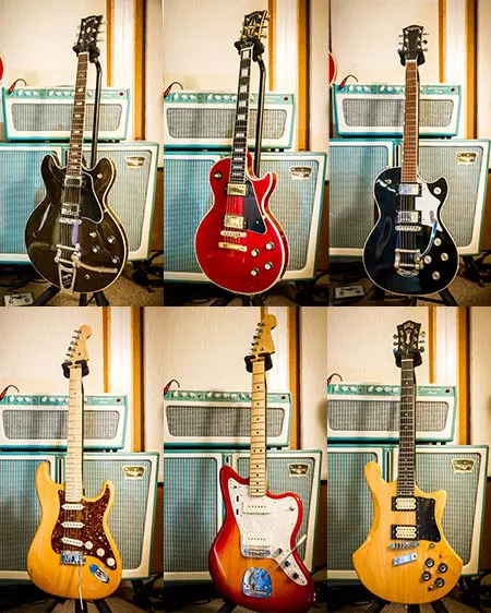 Gibson ES335,Gibson Lespaul Custom,Gretsch 7611 Rocjet,Fender Stratocaster US deluxe,Fender american ultra Jazzmaster,Guild S300AD